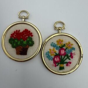2 Floral Round Cross Stitch Mini Framed Hanging Cottagecore Wall Decor 2.5in